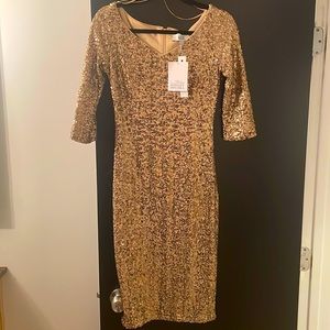 NWT Badgley Mischka gold sequined dress